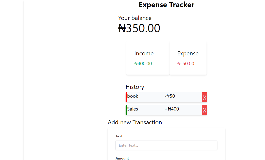 Screenshot of expense tracker